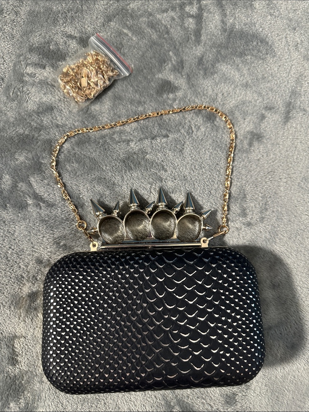 EUC Just Fabulous Studded Knuckle-Handle Black Clutch Bag w/Gold Chain
